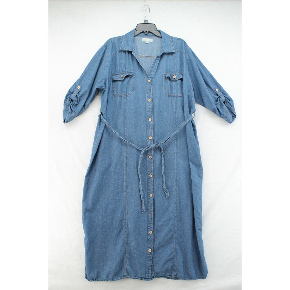 J. Gee Modest Denim Button Down Shirt Dress Size 3X Blue Tab Sleeve Pockets